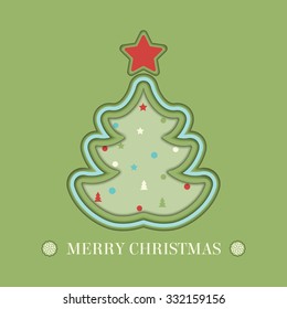 Vector illustration of Merry Christmas card. Christmas tree with star and little elements. Cut paper style.