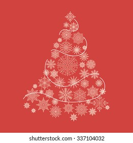 Vector illustration of Merry Christmas card. Magic Christmas tree made from snowflakes on red background. Trendy thin line style.