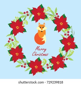 vector illustration of Merry Christmas card with poinsettia floral wreath and fox.