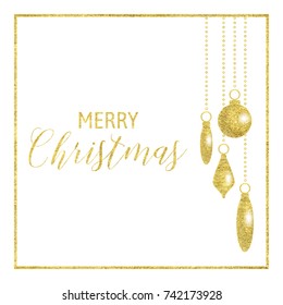 Vector illustration of merry christmas card. Christmas tree balls with gold texture. Isolated on white background.