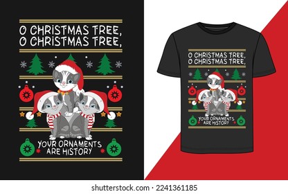 Imagen vectorial de un alegre diseño de camisetas de gatos de Navidad. se dibuja utilizando Illustrator. Se puede usar como impresión de moda para tarjetas de dibujos animados y camisetas.