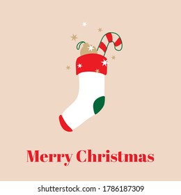 Vector illustration of Merry Christmas concept . "Merry Christmas" letter with sock on beige background.