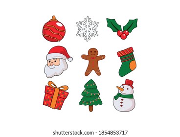 Vector Illustration of Merry Christmas Cute Cartoon Characters, Santa Claus, Reindeer, Gingerbread, Cookie Man, Snowman