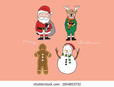 Vector Illustration of Merry Christmas Cute Cartoon Characters, Santa Claus, Reindeer, Gingerbread, Cookie Man, Snowman