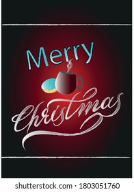 Vector illustration of Merry Christmas decorated with a vinous cup and a cake with turquoise glaze on black background with red gradient in the center