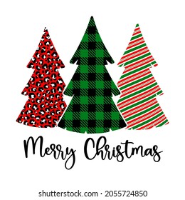 Vector illustration of Merry Christmas with decorated buffalo plaid, leopard print and candy cane pattern trees. Winter Xmas farmhouse design for home decoration, door, porch sign, pillow case.