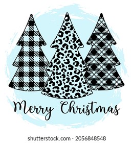 Vector illustration of Merry Christmas with decorated buffalo plaid, leopard print trees on blue paint brush background. Winter Xmas farmhouse design for home decoration, door, porch sign, pillow case