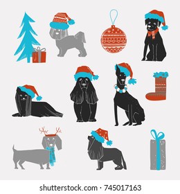 Vector illustration of Merry Christmas Dog seamless pattern. Scandinavian style. Puppies in santa hat with vintage color.