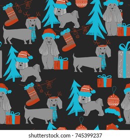 Vector illustration of Merry Christmas Dog seamless pattern. Scandinavian style. Puppies in santa hat with vintage color.