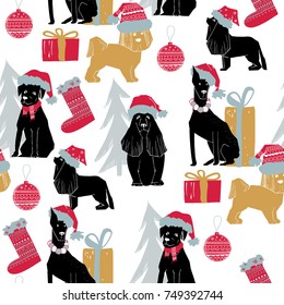 Vector illustration of Merry Christmas Dog seamless pattern. Scandinavian style. Puppies in santa hat with vintage color.