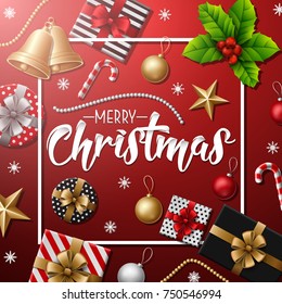 Vector illustration of Merry Christmas with Christmas elements on red background