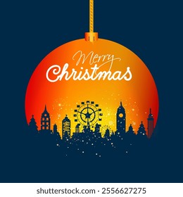 Vector illustration of Merry christmas eve, logo, carnival fest post. Decorated City skyline, fireworks and christmas celebration background.