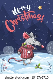Vector illustration Merry Christmas of funny mouse in the snow. Bright image to create original video or web games, graphic design, screen savers.