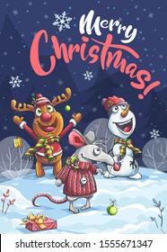 Vector illustration Merry Christmas of a funny mouse, christmas deer, snowman in the snow. Bright image to create original video or web games, graphic design, screen savers.