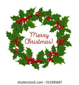 Vector illustration. Merry Christmas. Christmas garland of holly with congratulations on an isolated white background. Christmas background. Christmas wreath on the door.