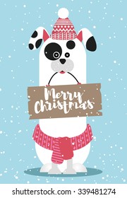 vector illustration Merry Christmas, merry gift cards, Abstract merry dog in a cap and a scarf with a schedule for Christmas