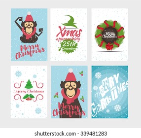 vector illustration Merry Christmas, merry gift cards, holiday happy animals set