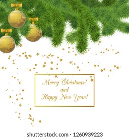 Vector illustration for Merry Christmas. Greeting card with New Year's balls, branches of spruce isolation on a white background.Template for elegant design of postcard, banner, flyer, poster, cover