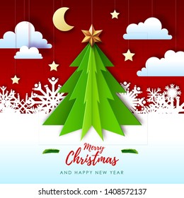 Vector illustration of Merry Christmas greeting card with christmas tree. Origami. Cut out paper art style design