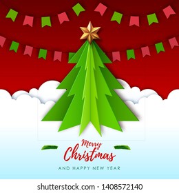 Vector illustration of Merry Christmas greeting card with christmas tree. Origami. Cut out paper art style design