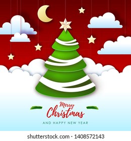 Vector illustration of Merry Christmas greeting card with christmas tree. Origami. Cut out paper art style design