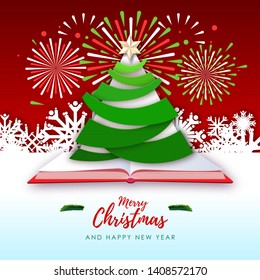 Vector illustration of Merry Christmas greeting card with christmas tree and holiday firework. Origami. Cut out paper art style design