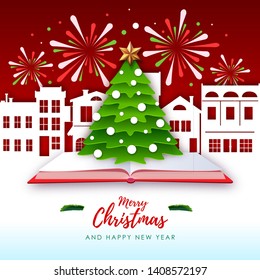 Vector illustration of Merry Christmas greeting card with christmas tree and holiday firework. Origami. Cut out paper art style design