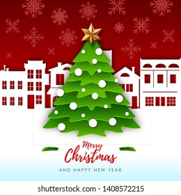 Vector illustration of Merry Christmas greeting card with christmas tree. Origami. Cut out paper art style design