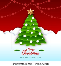 Vector illustration of Merry Christmas greeting card with christmas tree. Origami. Cut out paper art style design
