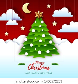 Vector illustration of Merry Christmas greeting card with christmas tree. Origami. Cut out paper art style design