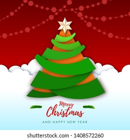 Vector illustration of Merry Christmas greeting card with christmas tree. Origami. Cut out paper art style design