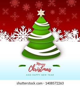 Vector illustration of Merry Christmas greeting card with christmas tree. Origami. Cut out paper art style design