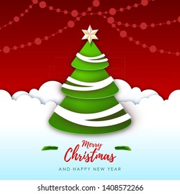 Vector illustration of Merry Christmas greeting card with christmas tree. Origami. Cut out paper art style design