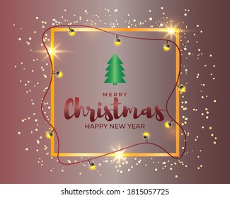 Vector illustration of Merry Christmas greeting card, square golden frame wrapped with christmas light balls and confetti, X-mas tree, happy new year wishes.