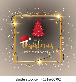 Vector illustration of Merry Christmas greeting card, square golden frame wrapped with christmas light balls and confetti, X-mas tree, santa cap, happy new year wishes.