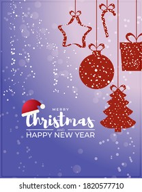 Vector illustration of Merry Christmas greeting card, confetti, gifts, santa cap, happy new year wishes, poster, holiday banner on  snowy background.
