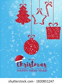 Vector illustration of Merry Christmas greeting card, confetti, gifts, santa cap, happy new year wishes, poster, holiday banner on  snowy background.