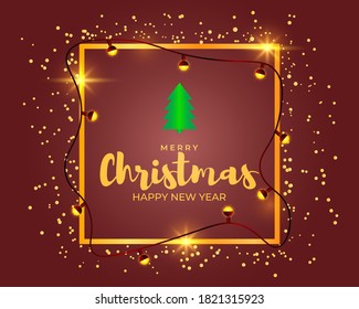 Vector illustration of Merry Christmas greeting card, square golden frame wrapped with christmas light balls and confetti, X-mas tree, happy new year wishes.