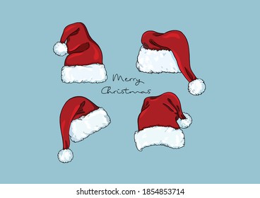 Vector Illustration of Merry Christmas Greeting Card, Cartoon Christmas Elements, Santa, Hats