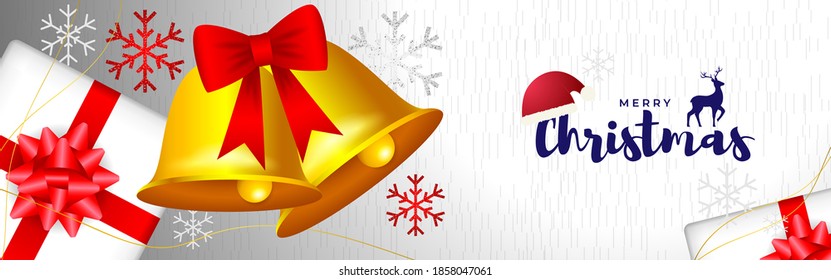 Vector illustration of Merry Christmas greeting card with jingle bells and gifts, deer, snowflakes, happy new year wishes.