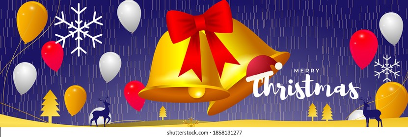 Vector illustration of Merry Christmas greeting card with jingle bells and balloons, snowflakes, deer and X-mas tree, happy new year wishes.