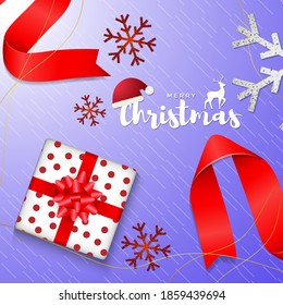 Vector illustration of Merry Christmas greeting card with gift box, ribbons,  snowflakes, deer and X-mas tree, happy new year wishes.