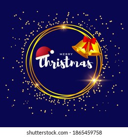 Vector illustration of Merry Christmas greeting card, golden frame, santa cap, gift, holiday wishes, social media template.