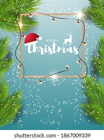Vector illustration of Merry Christmas greeting card, golden frame, balloons, snowflakes, santa cap, gift, holiday wishes, social media template.
