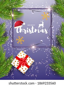 Vector illustration of Merry Christmas greeting card, golden frame, balloons, snowflakes, santa cap, gift, holiday wishes, social media template.