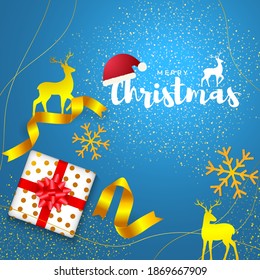 Vector illustration of Merry Christmas greeting card, golden frame, balloons, snowflakes, santa cap, gift, holiday wishes, social media template.