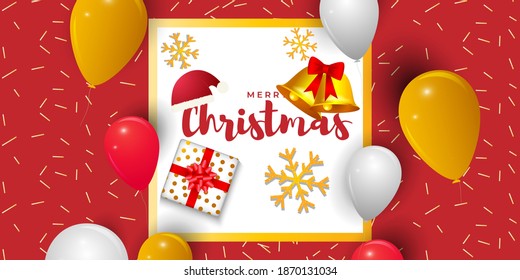 Vector illustration of Merry Christmas greeting card, golden frame, balloons, snowflakes, santa cap, gift, holiday wishes, social media template.