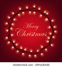Vector Illustration of Merry Christmas greeting card with glowing light in circular frame on red background.