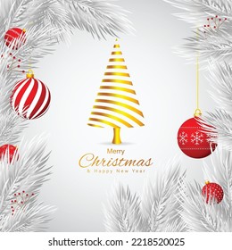 Vector illustration of Merry Christmas greeting card, confetti, gifts, santa cap, happy new year wishes, poster, holiday banner on  snowy background.