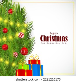 Vector illustration of Merry Christmas greeting card, confetti, gifts, santa cap, happy new year wishes, poster, holiday banner on  snowy background.